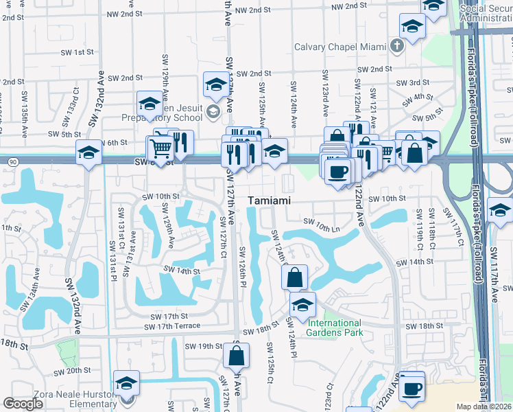 map of restaurants, bars, coffee shops, grocery stores, and more near in Tamiami