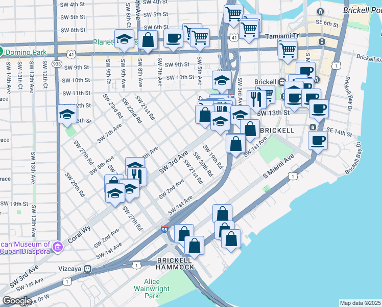 map of restaurants, bars, coffee shops, grocery stores, and more near 245 Southwest 21st Road in Miami
