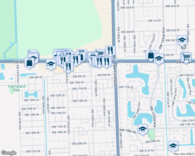 map of restaurants, bars, coffee shops, grocery stores, and more near 13840 Southwest 9th Terrace in Miami