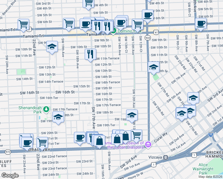 map of restaurants, bars, coffee shops, grocery stores, and more near 1548 Southwest 16th Street in Miami