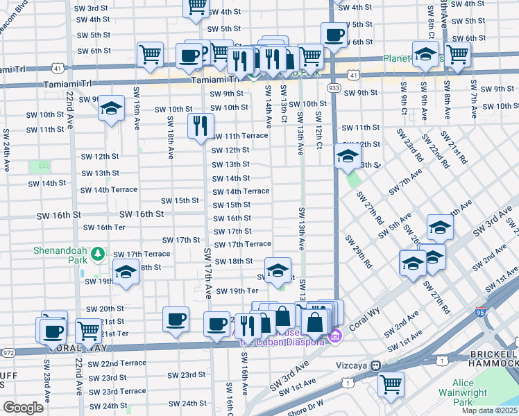 map of restaurants, bars, coffee shops, grocery stores, and more near 1410 Southwest 16th Street in Miami