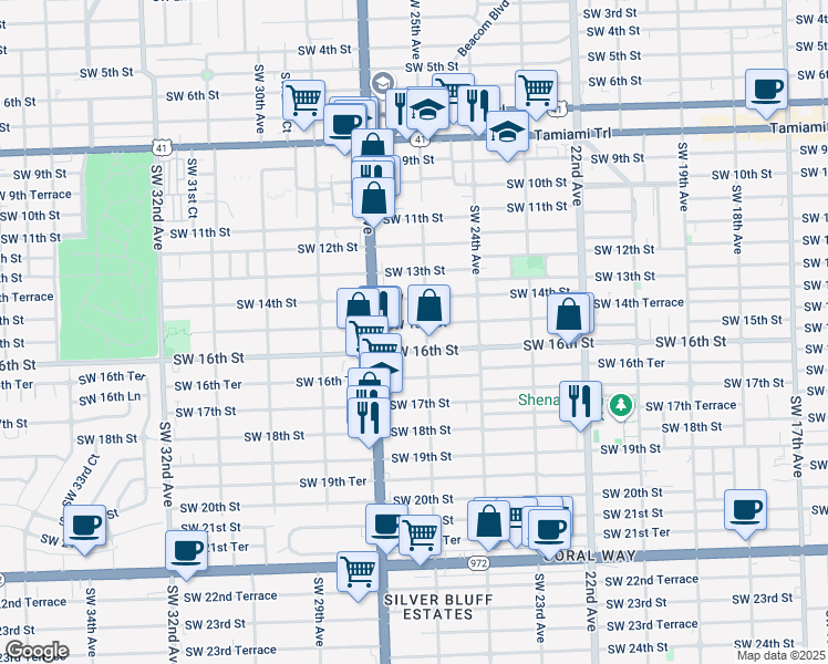 map of restaurants, bars, coffee shops, grocery stores, and more near 1598 Southwest 25th Avenue in Miami