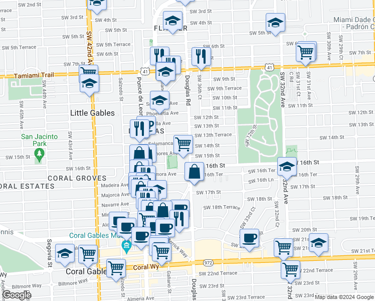 map of restaurants, bars, coffee shops, grocery stores, and more near 3681 Southwest 15th Street in Miami