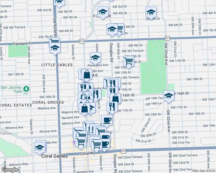 map of restaurants, bars, coffee shops, grocery stores, and more near 1500 Douglas Road in Coral Gables