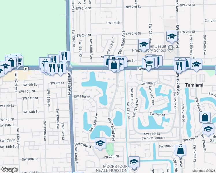 map of restaurants, bars, coffee shops, grocery stores, and more near 13215 Southwest 10th Terrace in Miami