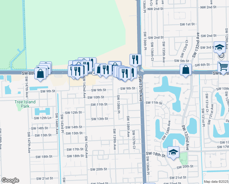map of restaurants, bars, coffee shops, grocery stores, and more near 940 Southwest 139th Avenue in Miami