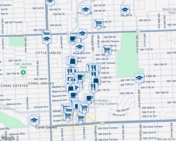 map of restaurants, bars, coffee shops, grocery stores, and more near 25 Menores Avenue in Coral Gables
