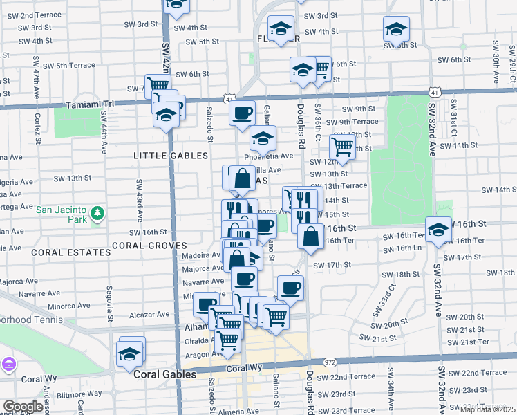 map of restaurants, bars, coffee shops, grocery stores, and more near 114 Menores Avenue in Coral Gables