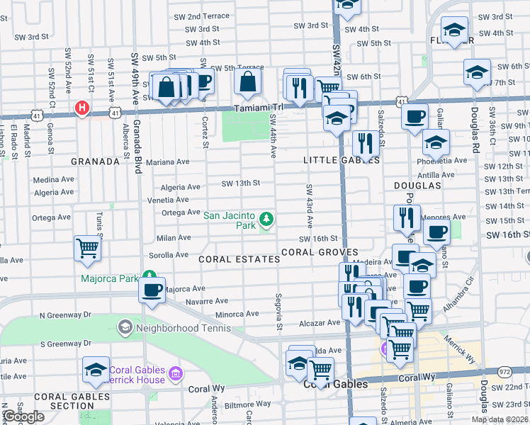map of restaurants, bars, coffee shops, grocery stores, and more near 4447 Southwest 15th Street in Miami