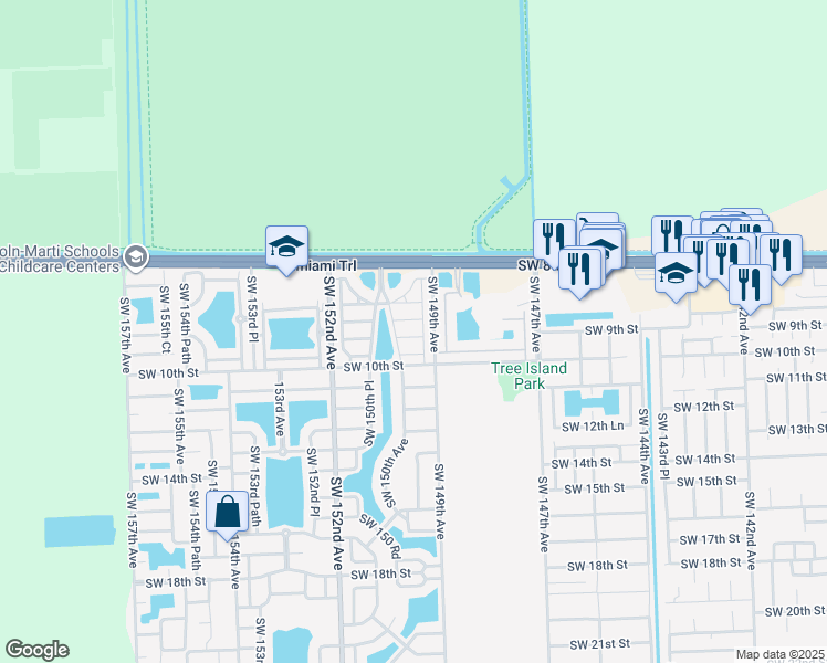 map of restaurants, bars, coffee shops, grocery stores, and more near 974 Southwest 149th Court in Miami