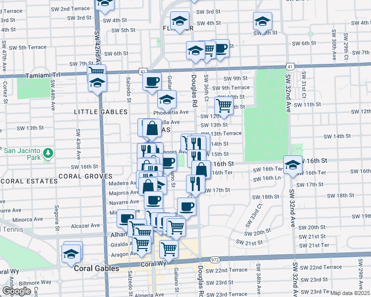 map of restaurants, bars, coffee shops, grocery stores, and more near 25 Menores Avenue in Miami