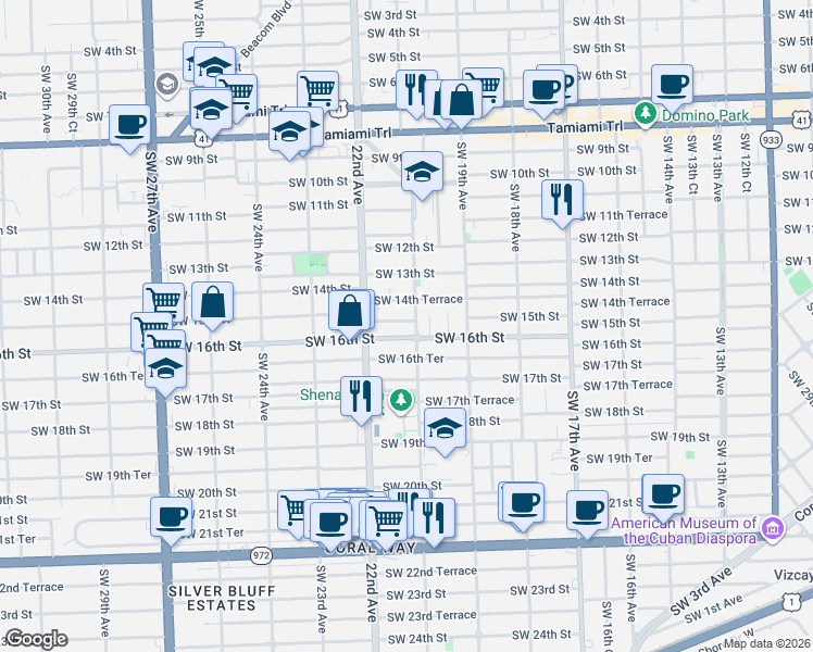 map of restaurants, bars, coffee shops, grocery stores, and more near 2126 Southwest 16th Street in Miami