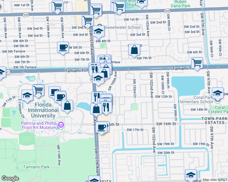 map of restaurants, bars, coffee shops, grocery stores, and more near 1151 Southwest 105th Avenue in Miami