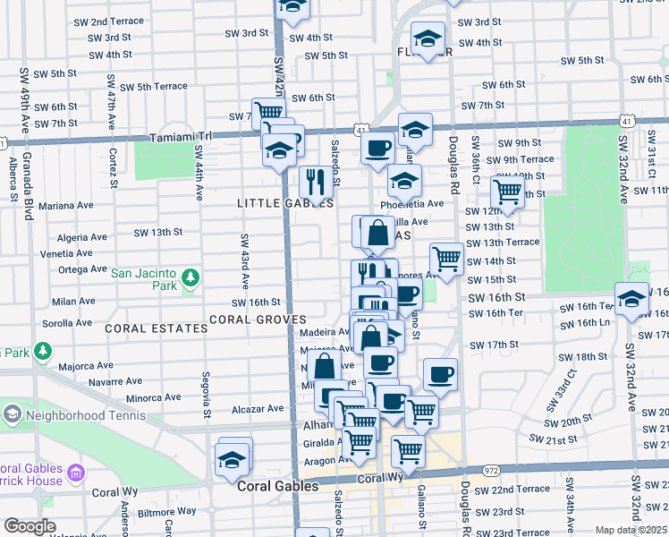 map of restaurants, bars, coffee shops, grocery stores, and more near 1503 Salzedo Street in Coral Gables