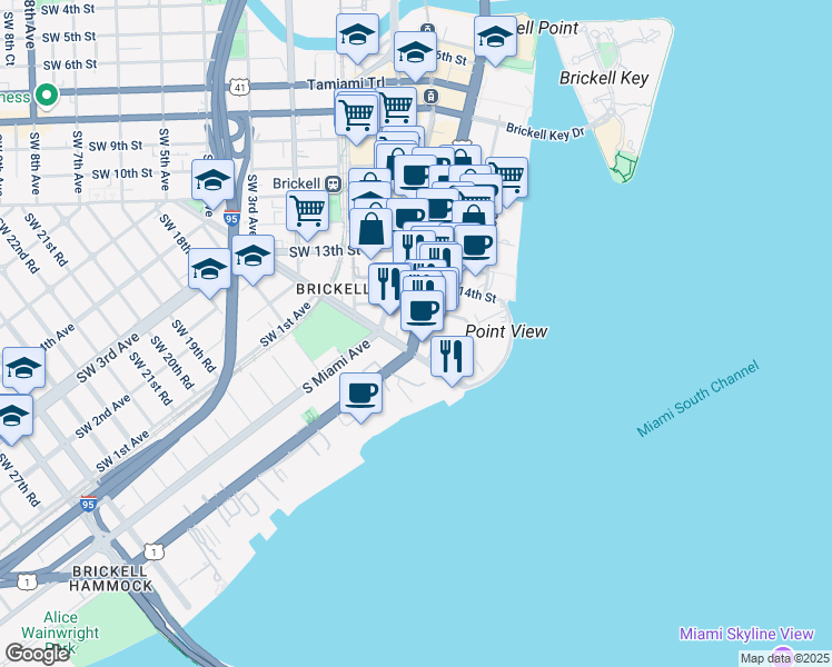 map of restaurants, bars, coffee shops, grocery stores, and more near 1441 Brickell Avenue in Miami