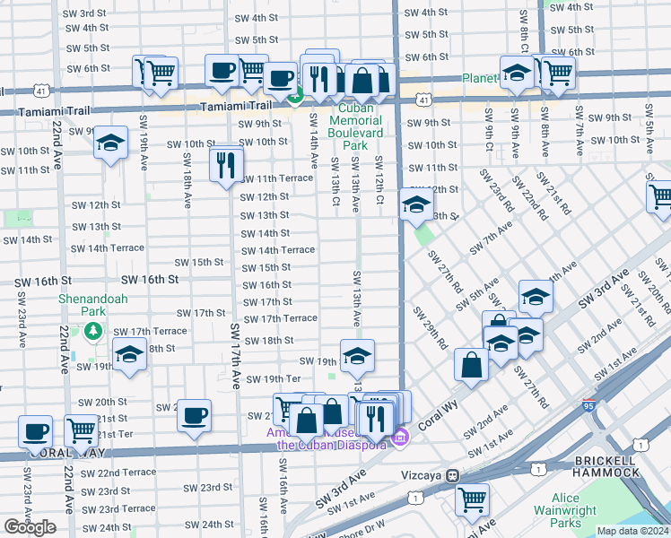 map of restaurants, bars, coffee shops, grocery stores, and more near 1327 Southwest 16th Street in Miami