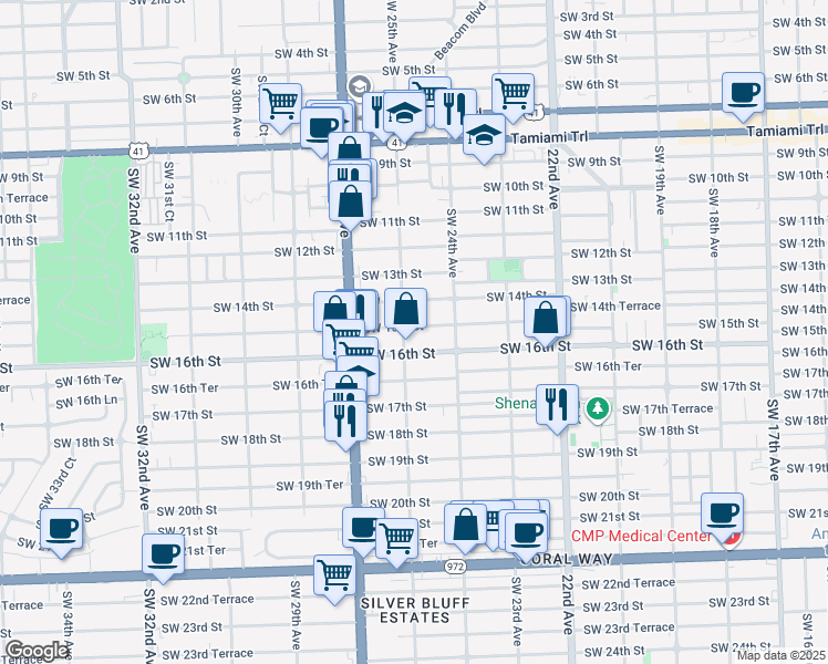 map of restaurants, bars, coffee shops, grocery stores, and more near 1598 Southwest 25th Avenue in Miami