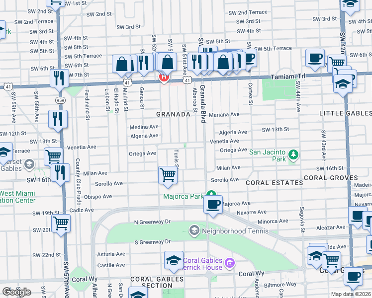 map of restaurants, bars, coffee shops, grocery stores, and more near 1417 Cordova Street in Coral Gables
