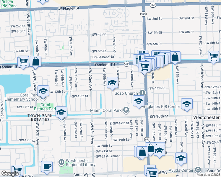 map of restaurants, bars, coffee shops, grocery stores, and more near 8980 Southwest 12th Street in Miami