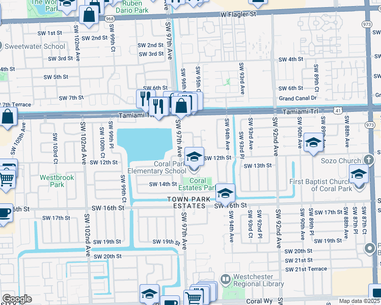 map of restaurants, bars, coffee shops, grocery stores, and more near 1150 Southwest 97th Avenue in Miami
