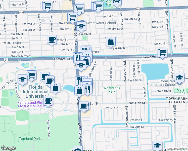 map of restaurants, bars, coffee shops, grocery stores, and more near 1151 Southwest 105th Avenue in Miami