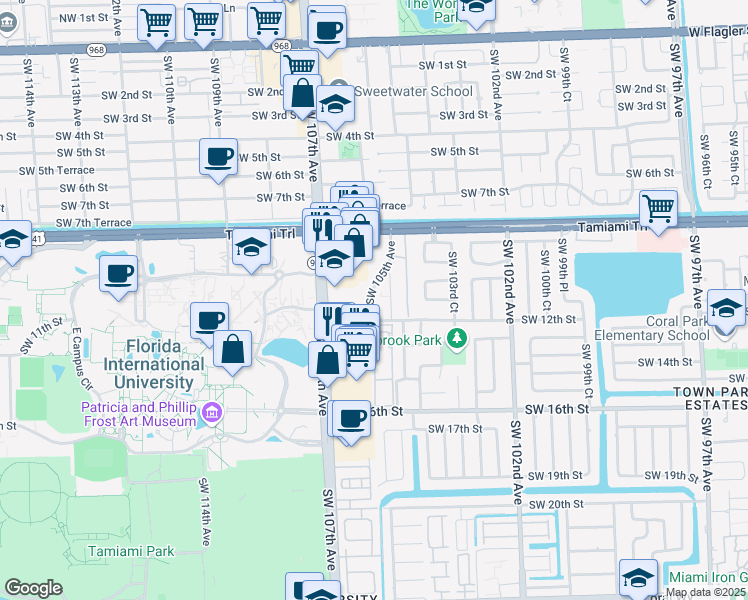 map of restaurants, bars, coffee shops, grocery stores, and more near 1151 Southwest 105th Avenue in Miami