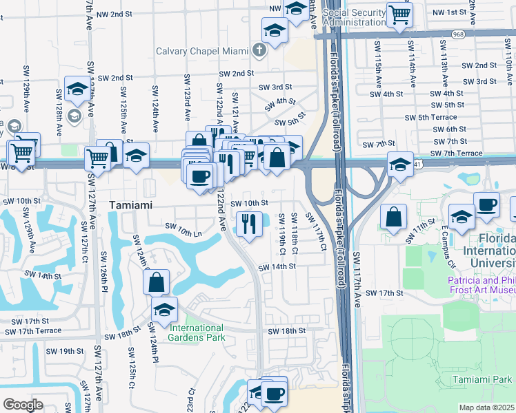 map of restaurants, bars, coffee shops, grocery stores, and more near 12012 Southwest 10th Terrace in Miami
