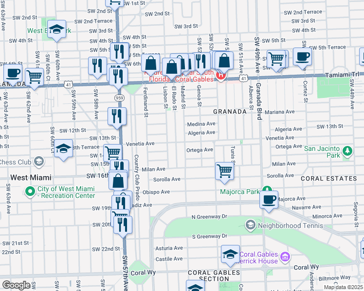 map of restaurants, bars, coffee shops, grocery stores, and more near 1400 El Rado Street in Coral Gables