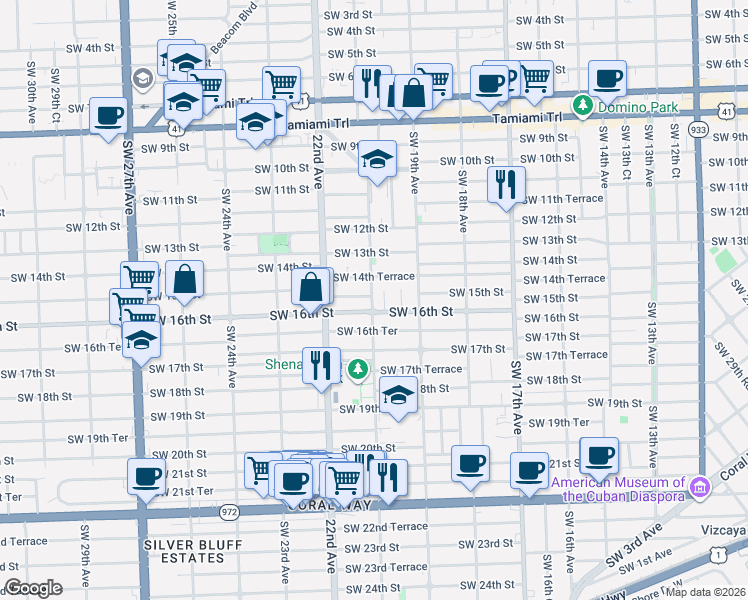map of restaurants, bars, coffee shops, grocery stores, and more near 2126 Southwest 16th Street in Miami