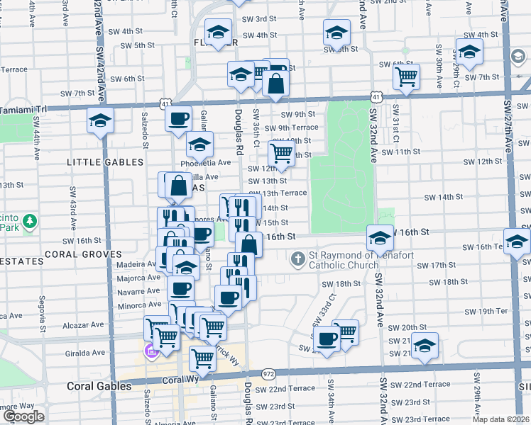 map of restaurants, bars, coffee shops, grocery stores, and more near 1500 Southwest 36th Avenue in Miami