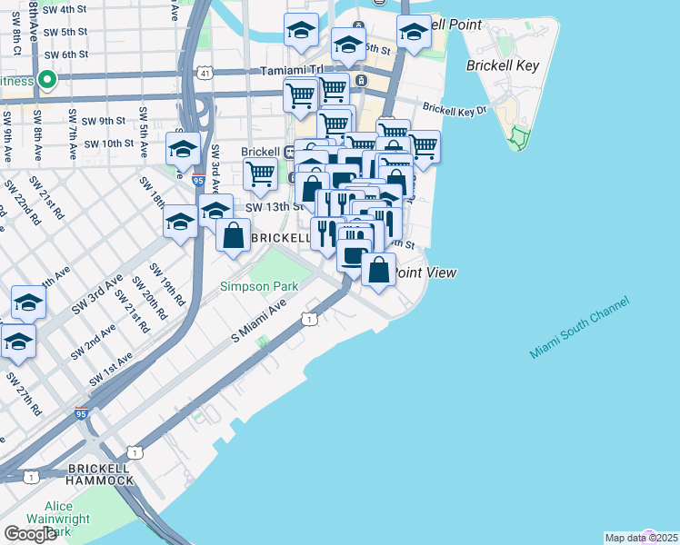 map of restaurants, bars, coffee shops, grocery stores, and more near 1441 Brickell Avenue in Miami