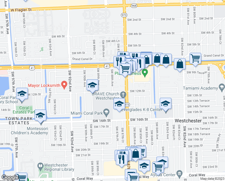 map of restaurants, bars, coffee shops, grocery stores, and more near 7270 Southwest 88th Avenue in Miami