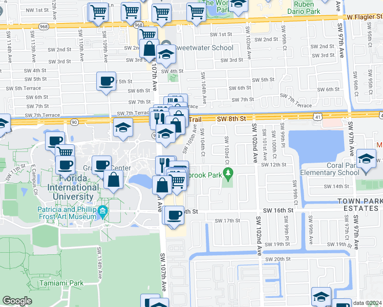map of restaurants, bars, coffee shops, grocery stores, and more near 1151 Southwest 105th Avenue in Miami