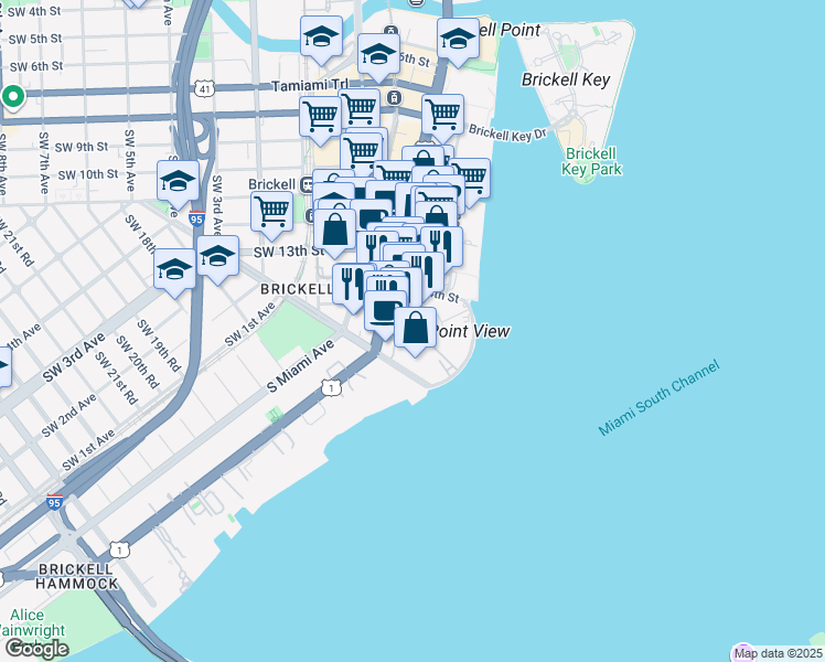 map of restaurants, bars, coffee shops, grocery stores, and more near 1450 Brickell Bay Drive in Miami