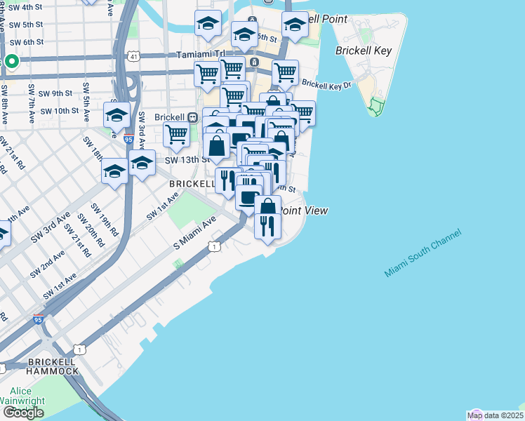 map of restaurants, bars, coffee shops, grocery stores, and more near 1450 Brickell Bay Drive in Miami