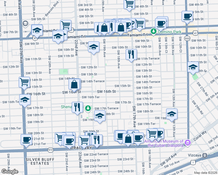 map of restaurants, bars, coffee shops, grocery stores, and more near 1884 Southwest 16th Street in Miami