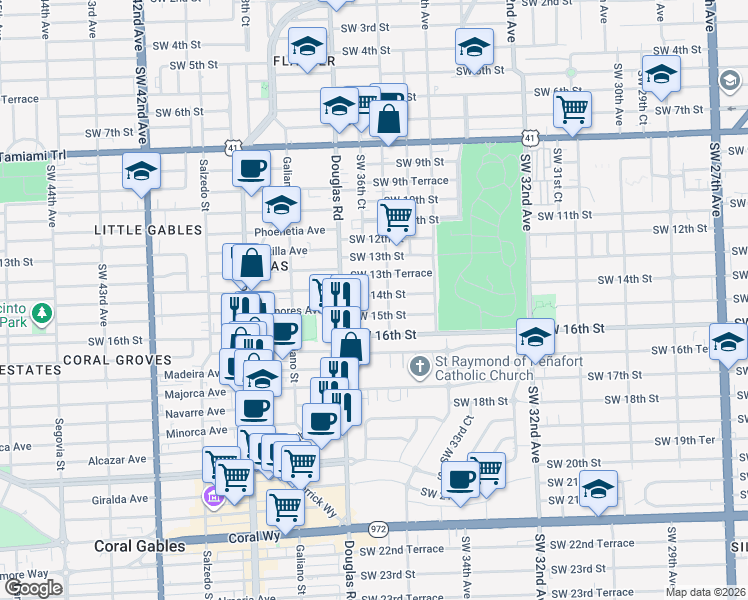 map of restaurants, bars, coffee shops, grocery stores, and more near 1500 Southwest 36th Avenue in Miami