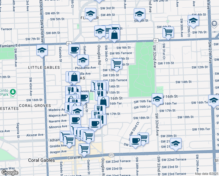map of restaurants, bars, coffee shops, grocery stores, and more near 1500 Southwest 36th Avenue in Miami