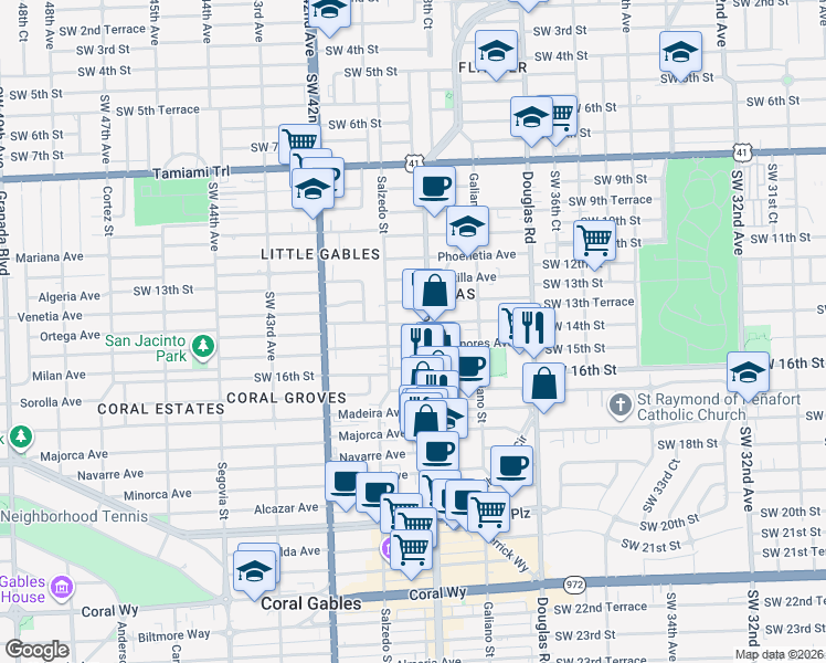 map of restaurants, bars, coffee shops, grocery stores, and more near 1500 Ponce de Leon in Coral Gables