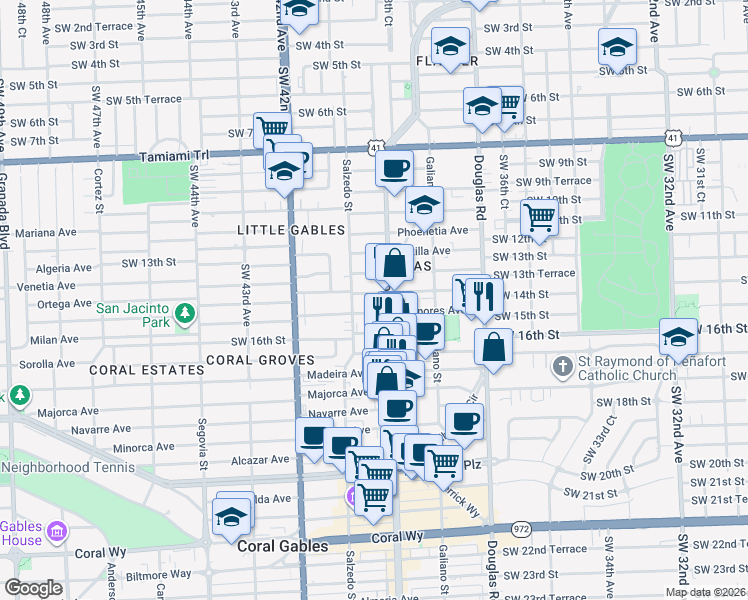 map of restaurants, bars, coffee shops, grocery stores, and more near 1500 Ponce de Leon in Coral Gables