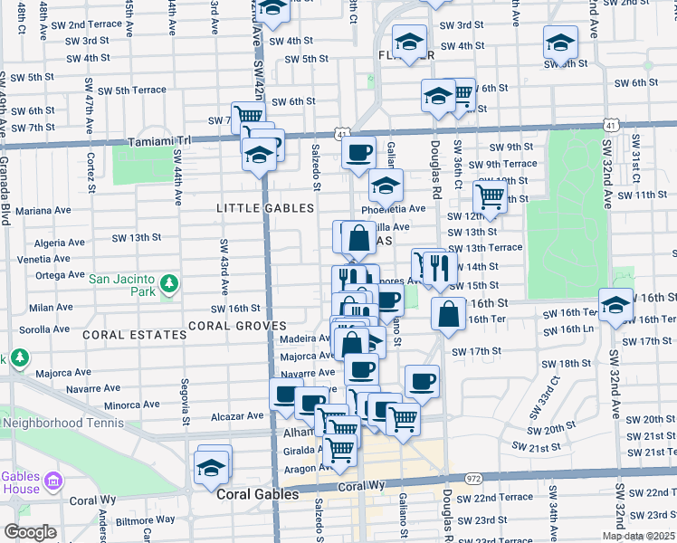 map of restaurants, bars, coffee shops, grocery stores, and more near 1500 Ponce de Leon in Coral Gables