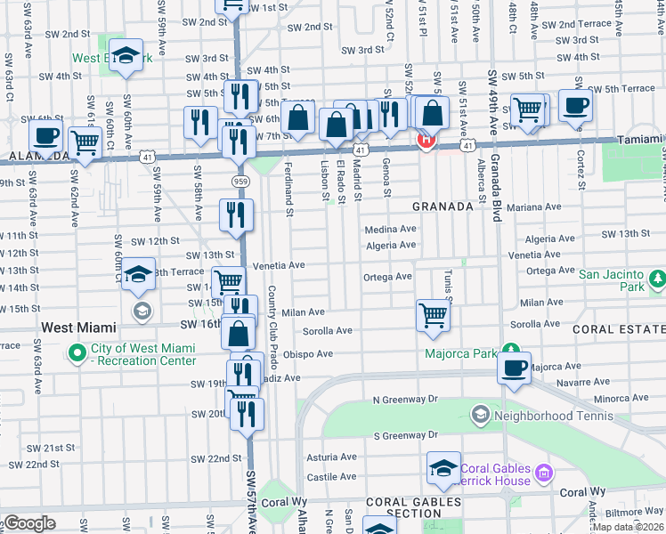 map of restaurants, bars, coffee shops, grocery stores, and more near 1400 El Rado Street in Coral Gables