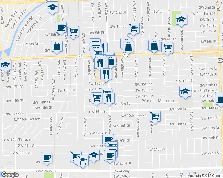 map of restaurants, bars, coffee shops, grocery stores, and more near 1350 Ludlam Road in West Miami