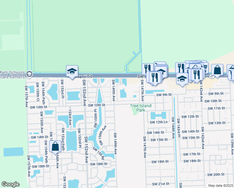 map of restaurants, bars, coffee shops, grocery stores, and more near 14859 Southwest 9th Lane in Miami