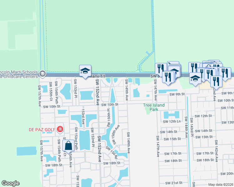 map of restaurants, bars, coffee shops, grocery stores, and more near 974 Southwest 149th Court in Miami