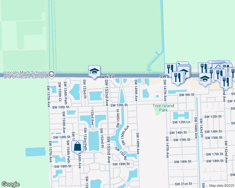 map of restaurants, bars, coffee shops, grocery stores, and more near 15040 Southwest 9th Lane in Miami
