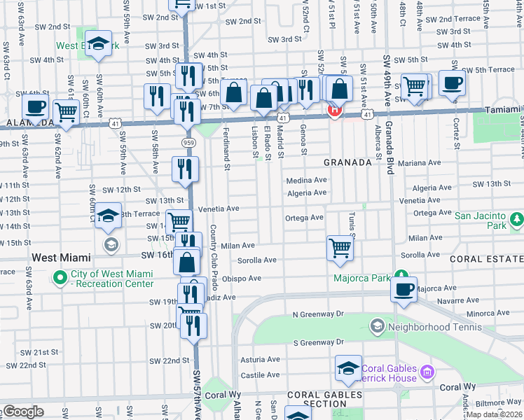 map of restaurants, bars, coffee shops, grocery stores, and more near 1400 El Rado Street in Coral Gables