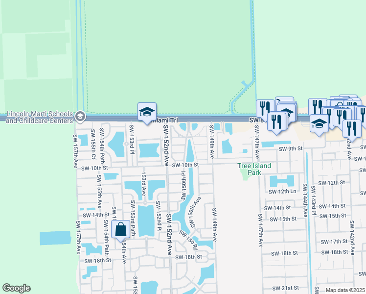 map of restaurants, bars, coffee shops, grocery stores, and more near 15040 Southwest 9th Lane in Miami