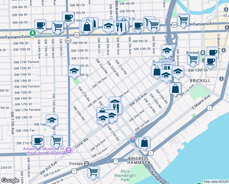 map of restaurants, bars, coffee shops, grocery stores, and more near 420 Southwest 24th Road in Miami