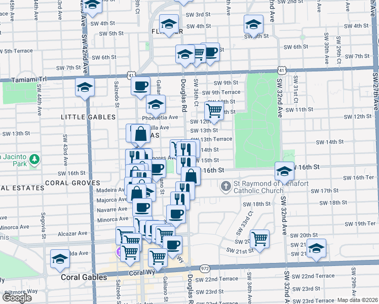 map of restaurants, bars, coffee shops, grocery stores, and more near 3681 Southwest 15th Street in Miami